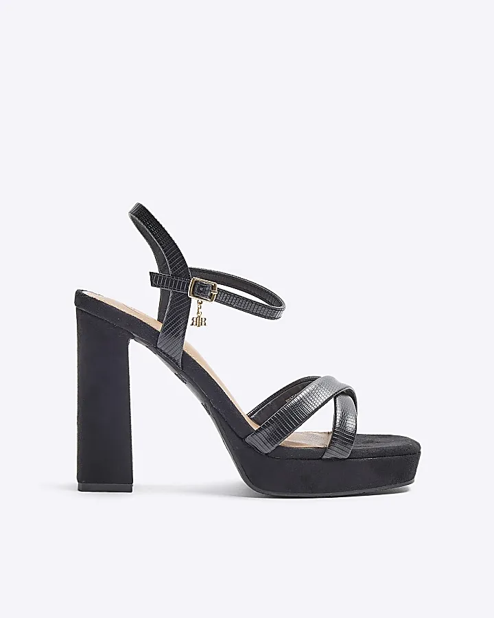 Black wide fit crossed strap heeled sandals